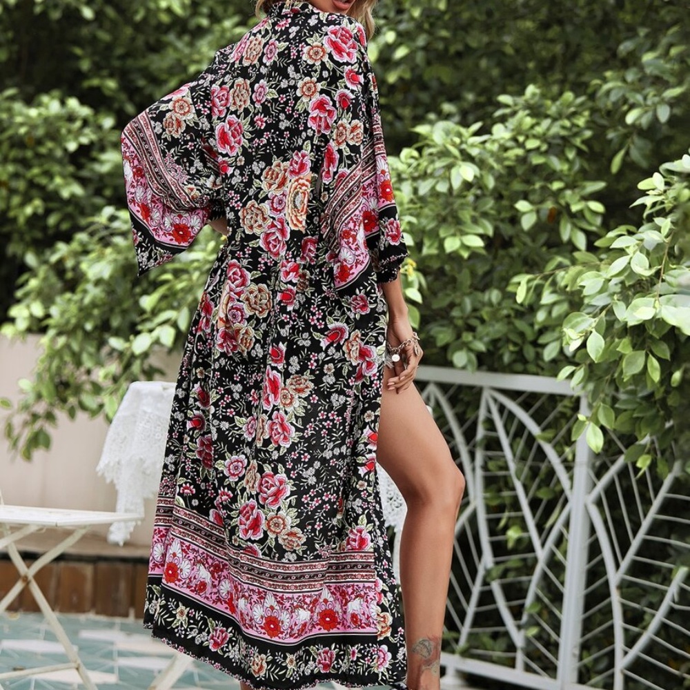 Boho Black Pink Floral Belted Long Kimono Cover up Beach - Picture 6 of 11